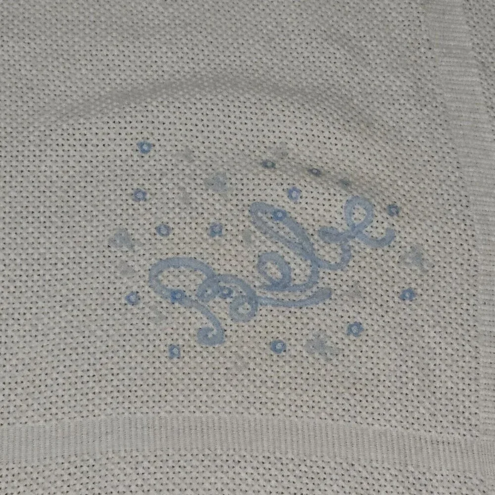 VTG First Impressions White Knit Baby Blanket Acrylic Spain Blue Bebe Stitching